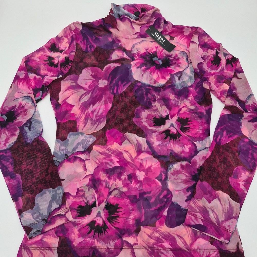 White House Black Market Mesh Turtleneck Floral Pansy Top Purple Small 570353360 - Picture 2 of 6